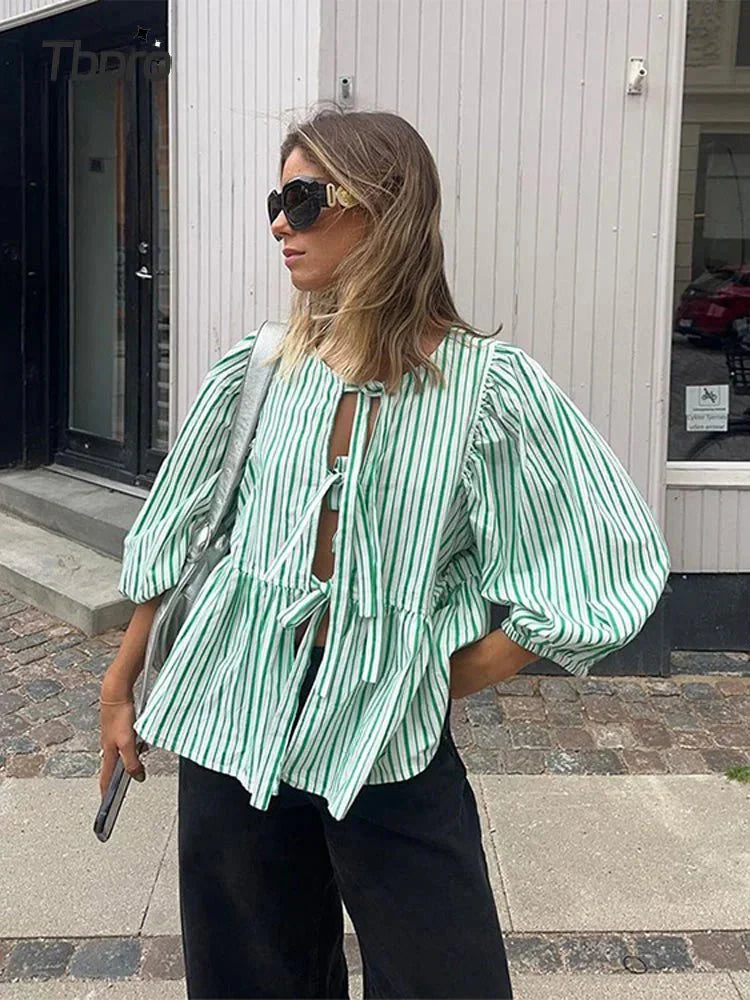 Striped Cotton Blouse  Green Puff Sleeve Design with Tie Front - Product example