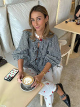 Striped Cotton Blouse  Green Puff Sleeve Design with Tie Front - Product detail 4