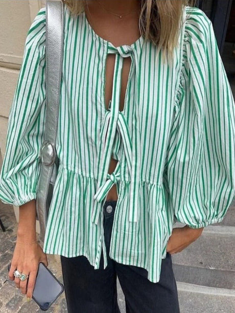 Striped Cotton Blouse  Green Puff Sleeve Design with Tie Front - Product showcase
