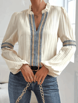 Elegant Pleated Blouse  Embroidered Trim Long Sleeve Design - Product detail 5