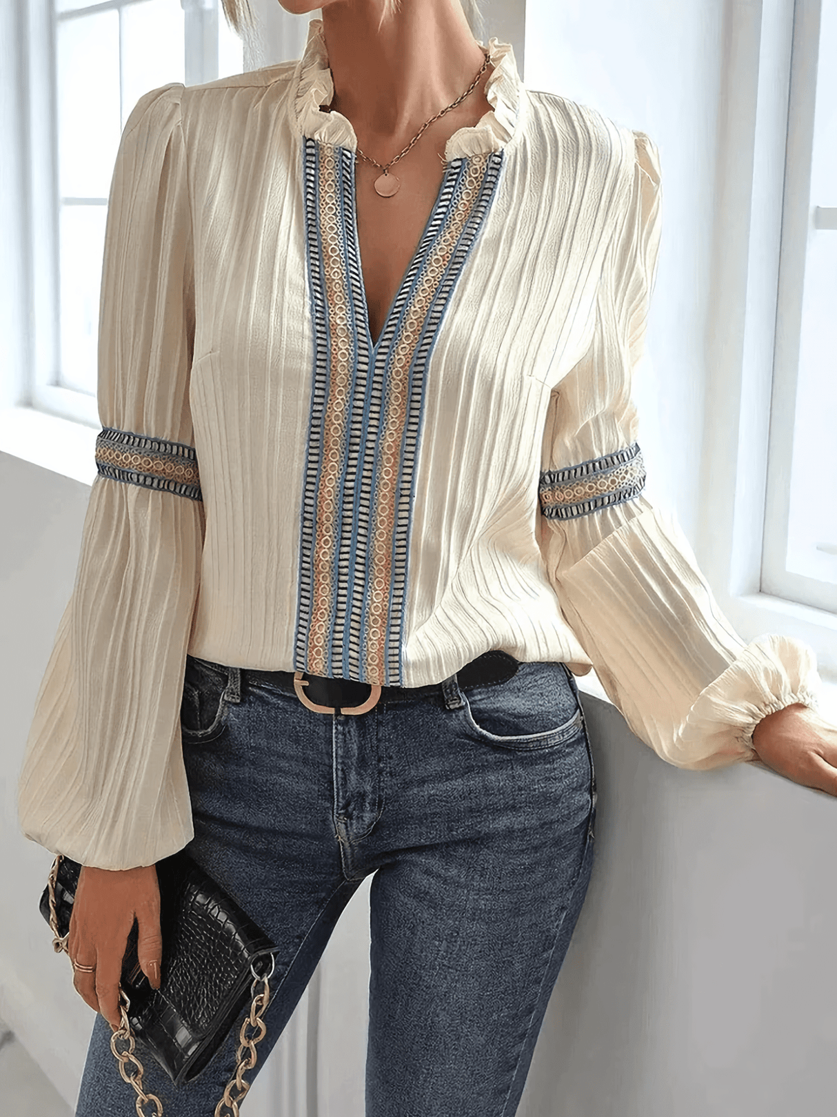 Elegant Pleated Blouse  Embroidered Trim Long Sleeve Design - Detailed view