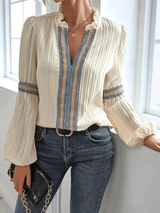 Elegant Pleated Blouse  Embroidered Trim Long Sleeve Design - Detailed view