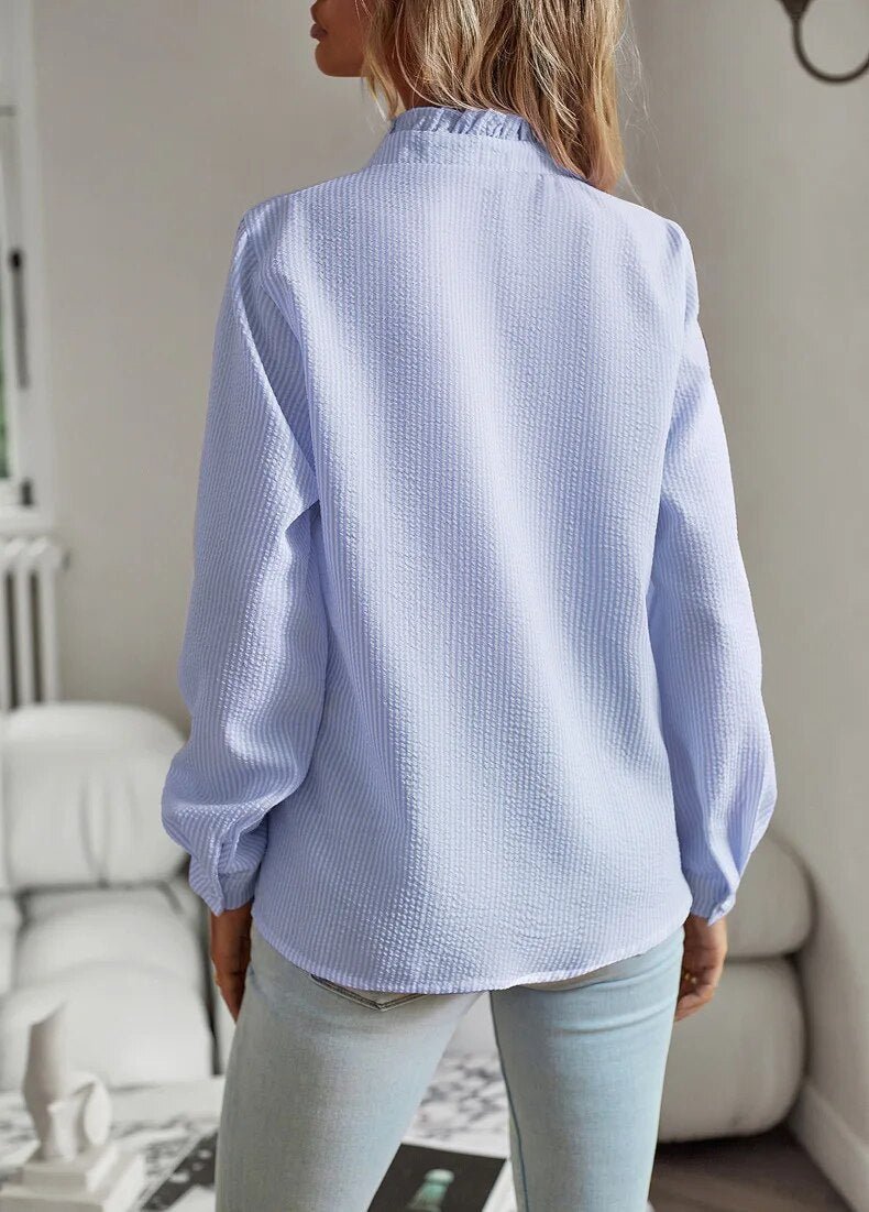 Elegant Ruffled Blouse  White Cotton Button-Down - Detailed view