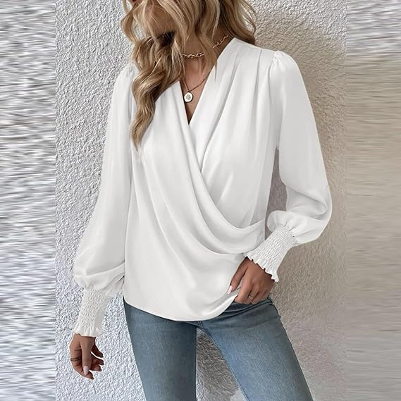Elegant Wrap Blouse  White Cotton Puff Sleeve Design - Detailed view