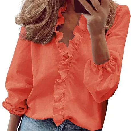 Ruffle Neck Blouse  Coral Puff Sleeve Design - Product detail 6