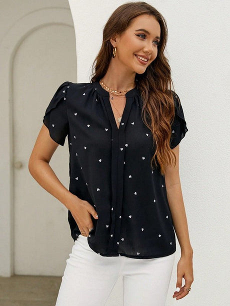 Heart Print Blouse  Puff Sleeve V-Neck Design - Product detail 8