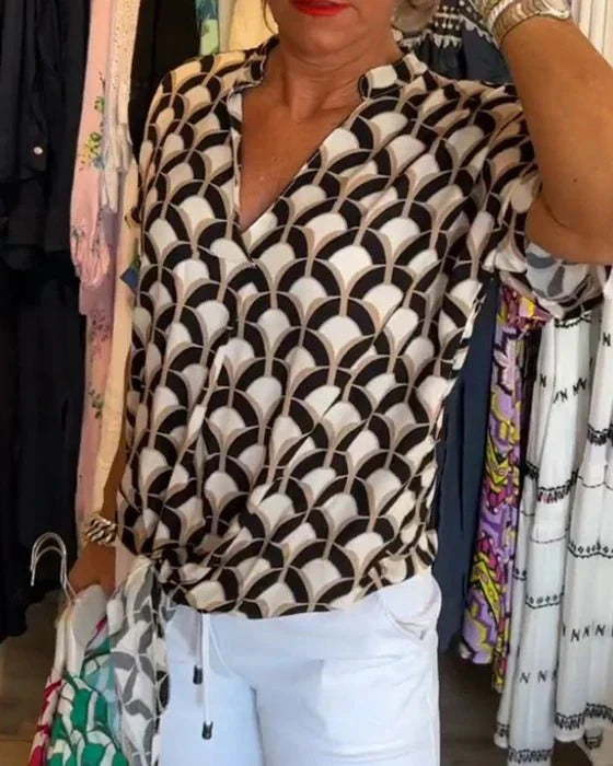 Geometric Print Blouse  Art Deco Pattern Short Sleeve - Product detail 4