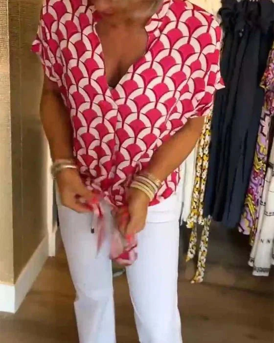 Geometric Print Blouse  Art Deco Pattern Short Sleeve - Product detail 6