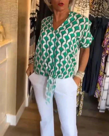 Geometric Print Blouse  Art Deco Pattern Short Sleeve - Product detail 9