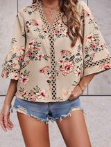 Floral V-Neck Blouse  Lace Trim Summer Top - Product detail 8