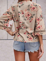 Floral V-Neck Blouse  Lace Trim Summer Top - Product detail 6