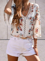 Floral V-Neck Blouse  Lace Trim Summer Top - Product detail 4
