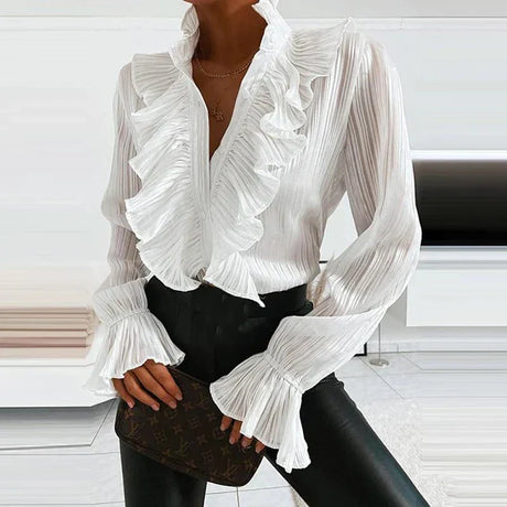 Ruffled Chiffon Blouse  Pleated Long Sleeve Design - Product showcase