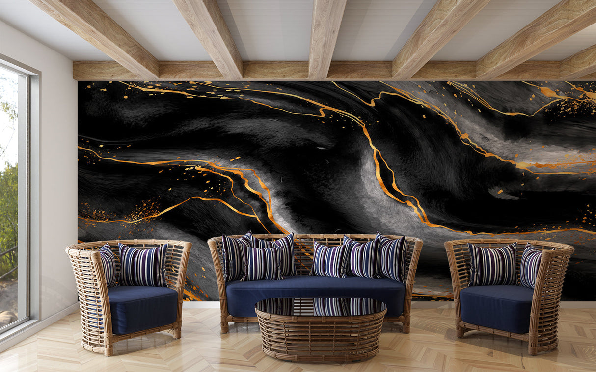 Marble Mural Wallpaper | Black and Gold Abstract Design