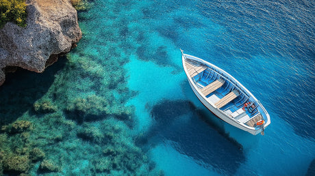 Ocean Mural Wallpaper | Mediterranean Boat in Turquoise Waters