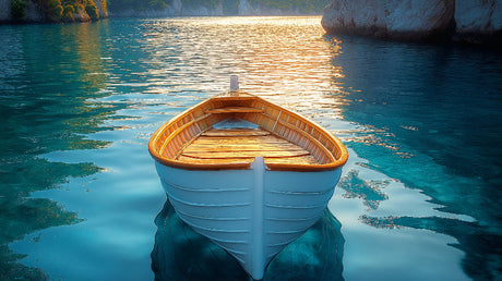 Ocean Mural Wallpaper | Wooden Boat at Sunset