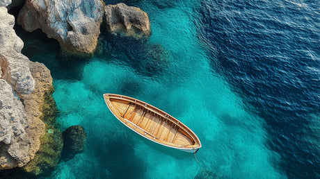 Ocean Mural Wallpaper | Wooden Boat on Crystal Waters