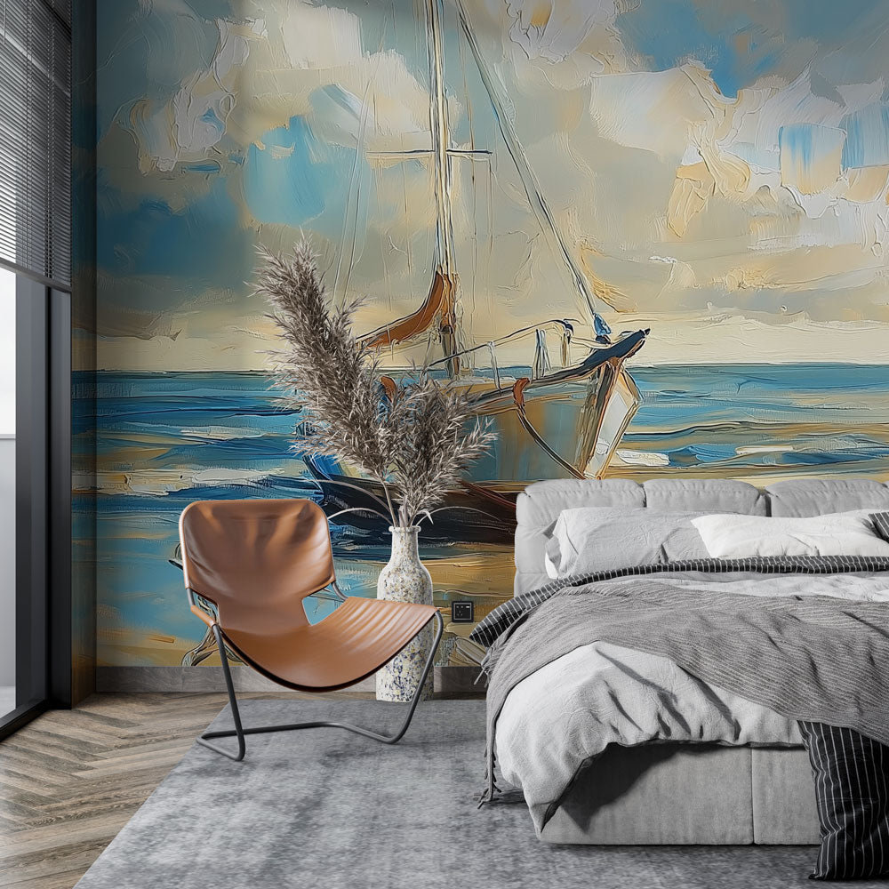 Nautical Mural Wallpaper | Ocean Sailboat at Golden Sunset