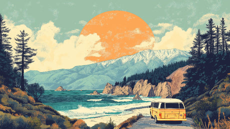 Nature Mural Wallpaper | Retro Coastal Mountain Sunset Scene