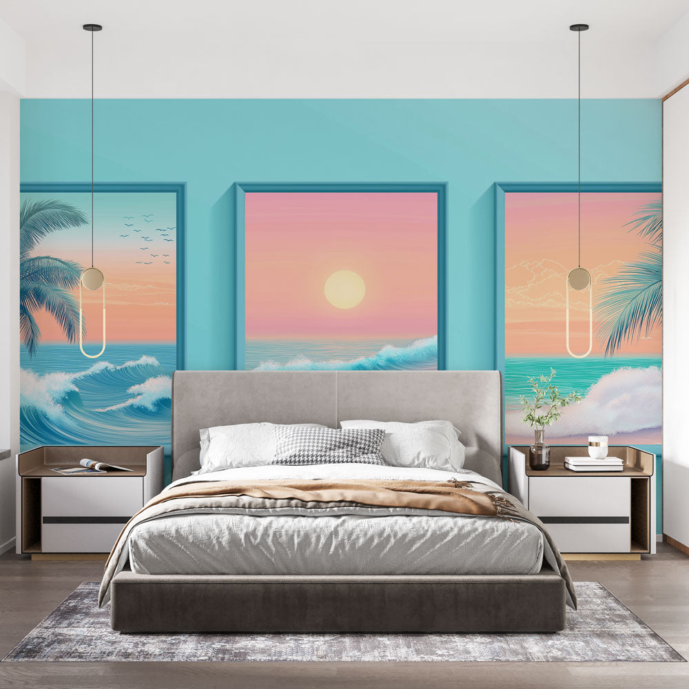 Tropical Beach Mural Wallpaper | Sunset Ocean Waves with Palm Trees