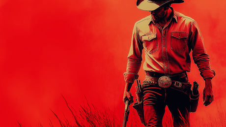 Western Mural Wallpaper  Dramatic Cowboy Silhouette in Red - Detailed wallpaper pattern view