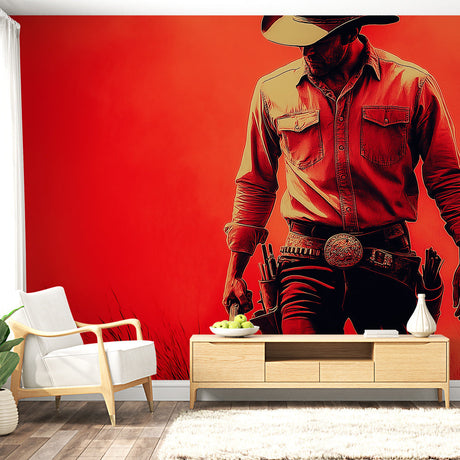 Western Mural Wallpaper  Dramatic Cowboy Silhouette in Red - Premium wallpaper design showcase