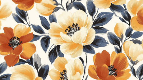 Floral Mural Wallpaper  Orange and Navy Botanical Design - Detailed wallpaper pattern view