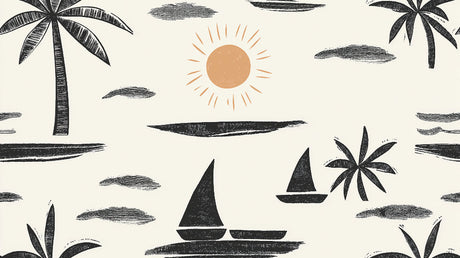 Beach Mural Wallpaper  Minimalist Sailboats and Palm Trees - Detailed wallpaper pattern view