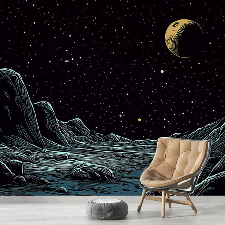 Space Mural Wallpaper  Lunar Mountains With Golden Moon - Premium wallpaper design showcase