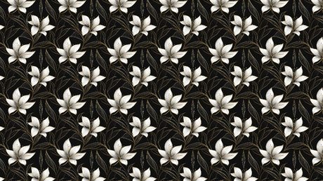 Floral Mural Wallpaper  Black and White Lily Pattern with Gold Accents - Detailed wallpaper pattern view
