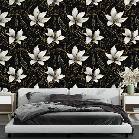 Floral Mural Wallpaper  Black and White Lily Pattern with Gold Accents - Premium wallpaper design showcase