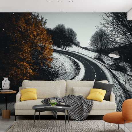 Winter Mural Wallpaper  Snowy Road with Golden Autumn Leaves - Premium wallpaper design showcase