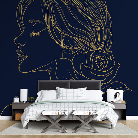 Line Art Mural Wallpaper  Golden Profile with Rose on Navy - Premium wallpaper design showcase