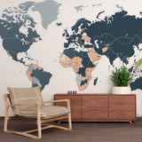 World Map Mural Wallpaper  Modern Political Design in Blue and Beige - Premium wallpaper design showcase