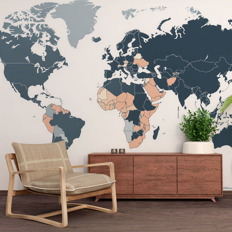 World Map Mural Wallpaper  Modern Political Design in Blue and Beige - Premium wallpaper design showcase