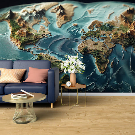 World Map Mural Wallpaper  3D Relief Topographic Design - Premium wallpaper design showcase