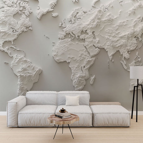 World Map Mural Wallpaper  3D Relief Design in White - Premium wallpaper design showcase
