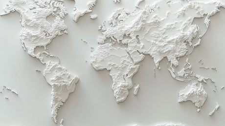 World Map Mural Wallpaper  3D Relief Design in White - Detailed wallpaper pattern view