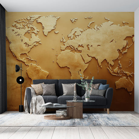 World Map Mural Wallpaper  3D Gold Relief Design - Premium wallpaper design showcase