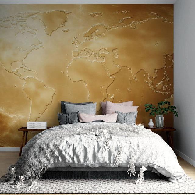 World Map Mural Wallpaper  Golden Embossed Atlas Design - Premium wallpaper design showcase