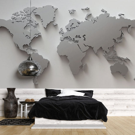 World Map Mural Wallpaper  3D Silver Metal Design - Premium wallpaper design showcase