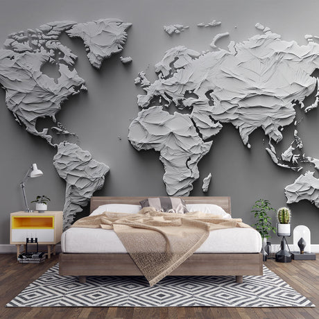 World Map Mural Wallpaper  3D Relief Grey Design - Premium wallpaper design showcase