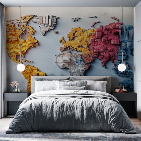 World Map Mural Wallpaper  3D Geometric Continents Design - Premium wallpaper design showcase