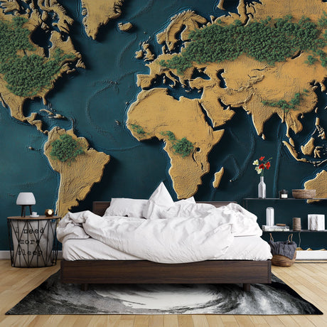 World Map Mural Wallpaper  3D Relief with Gold and Forest - Premium wallpaper design showcase