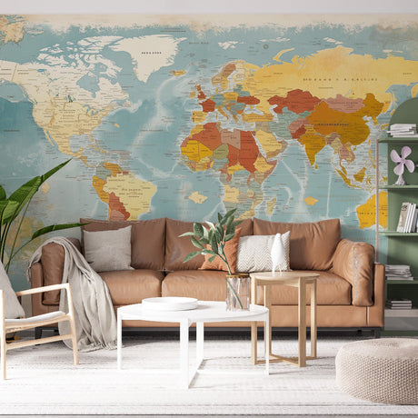 World Map Mural Wallpaper  Vintage Geographic Design - Premium wallpaper design showcase