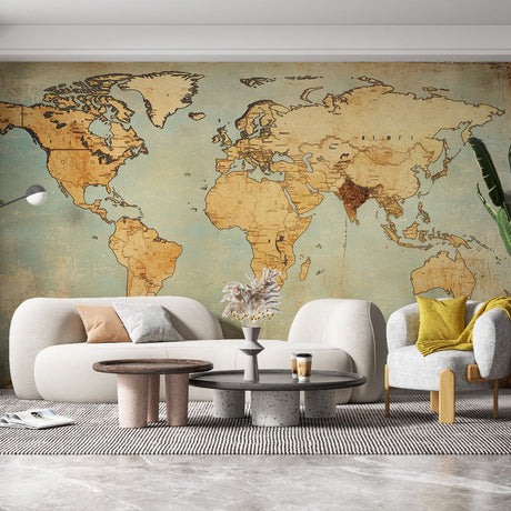 World Map Mural Wallpaper  Vintage Beige and Blue Design - Premium wallpaper design showcase