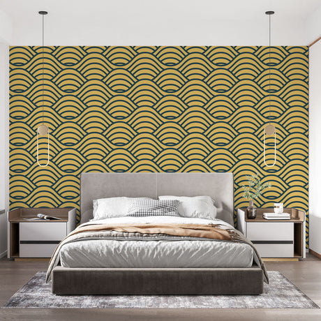 Geometric Mural Wallpaper  Art Deco Wave Pattern in Black and Gold - Premium wallpaper design showcase