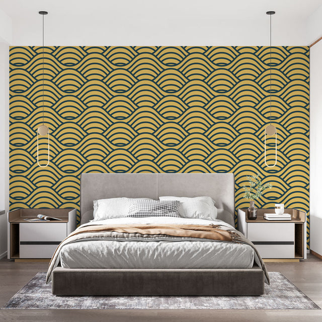 Geometric Mural Wallpaper  Art Deco Wave Pattern in Black and Gold - Premium wallpaper design showcase