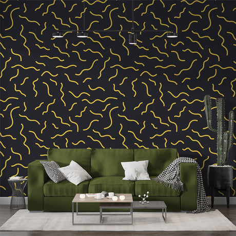 Geometric Mural Wallpaper  Modern Gold Wave Pattern on Black - Premium wallpaper design showcase