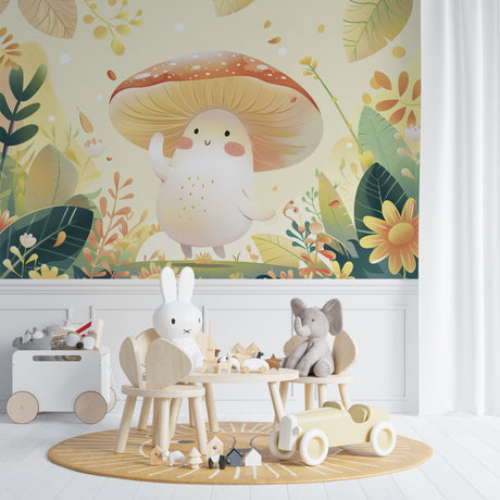 Mushroom forest wallpaper in a cozy nursery with soft lighting and natural wood furniture